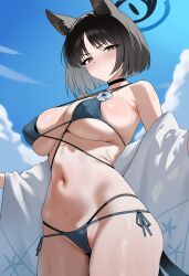 1girl absurdres animal_ear_fluff animal_ears bikini black_choker black_hair blue_archive blue_bikini blue_sky blush breasts brown_eyes cameltoe cat_ears choker cloud commentary covered_erect_nipples cowboy_shot day dush_1154 halo highres kikyou_(blue_archive) kikyou_(swimsuit)_(blue_archive) large_breasts layered_bikini looking_at_viewer navel official_alternate_costume outdoors short_hair sideboob sky solo solo_focus stomach strap_gap swimsuit underboob v-shaped_eyebrows