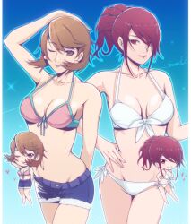 2girls bare_shoulders bikini blue_background blue_shorts blush breasts brown_eyes brown_hair chibi commentary corner50777313 earrings hair_over_one_eye hand_on_own_head hand_on_own_hip heart highres jewelry kirijou_mitsuru medium_breasts multiple_girls navel one_eye_closed persona persona_3 pink_bikini ponytail red_eyes red_hair short_hair short_shorts shorts smile swimsuit takeba_yukari tongue tongue_out white_bikini