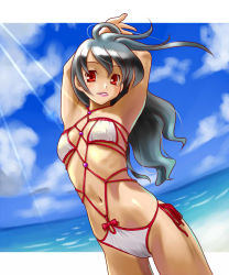 Rule 34 | 1girl, arms up, bdsm, beach, bikini, black hair, blush, bondage, bound, breasts, cameltoe, cloud, day, female focus, lipstick, long hair, looking at viewer, makeup, navel, original, red eyes, secretive, shibari, shibarikini, sky, smile, solo, string bikini, swimsuit, water, white bikini