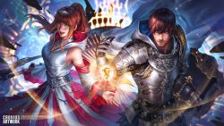 1boy 1girl arm_shield armor artist_name bare_shoulders beard blue_eyes breasts brown_hair chainmail cleavage closed_mouth commentary commission crovius detached_sleeves dress english_commentary facial_hair final_fantasy final_fantasy_xiv green_eyes hand_up highres holding holding_shield hood hood_down hooded_dress long_hair looking_at_viewer mustache_stubble parted_lips pink_dress scabbard sheath sheathed shield short_hair smile stubble sword two-tone_dress weapon white_dress