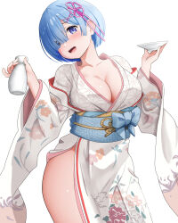 1girl :d absurdres alcohol blue_eyes blue_hair bottle breasts choko_(cup) cleavage commentary_request cup floral_print floral_print_kimono gibun_(sozoshu) hair_ornament hair_over_one_eye highres japanese_clothes kimono large_breasts looking_at_viewer obi obijime open_mouth print_kimono re:zero_kara_hajimeru_isekai_seikatsu rem_(re:zero) sake sake_bottle sash short_hair side_slit smile solo white_background white_kimono x_hair_ornament