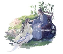 2boys bamboo blue_hanfu chinese_clothes copyright_request flower full_body grass hanfu highres lotus merman monster_boy morimori_(14292311) multiple_boys pond sitting wheelchair white_hanfu yokozuwari zhijupao