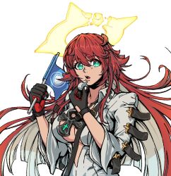 1girl ankh ankh_necklace belt black_gloves blunt_ends bodysuit breasts broken_halo cleavage collared_shirt colored_inner_hair spiked_halo flag gloves green_eyes guilty_gear guilty_gear_strive hair_between_eyes halo holding holding_flag holding_whistle jack-o&#039;_valentine large_breasts long_hair long_sleeves looking_at_viewer mori_no_yousei multicolored_hair plunging_neckline red_gloves red_hair shirt simple_background too_many too_many_belts two-tone_gloves two-tone_hair upper_body whistle white_bodysuit white_hair white_shirt