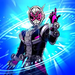 1boy analog_clock arm_at_side black_bodysuit blue_background bodysuit clock clock_hands commentary_request covered_face cowboy_shot facing_viewer hand_up helmet hitsuji_oshipu index_finger_raised kamen_rider kamen_rider_zi-o kamen_rider_zi-o_(series) male_focus rider_belt ridewatch solo tokusatsu zi-o_ridewatch ziku-driver
