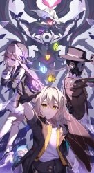 1boy 2girls absurdres ankle_boots arm_behind_back beret black_coat black_footwear black_gloves black_headwear black_skirt blurry blurry_foreground boots clothing_cutout coat collarbone commentary_request dice doll_joints dress frilled_dress frills gloves grey_hair hat herta_(honkai:_star_rail) high_heel_boots high_heels highres honkai:_star_rail honkai_(series) index_finger_raised joints kurobikari monocle multiple_girls parted_lips partial_commentary purple_eyes robot ruan_mei screwllum_(honkai:_star_rail) shirt shoulder_cutout skirt sleeves_rolled_up stelle_(honkai:_star_rail) trailblazer_(honkai:_star_rail) white_dress white_shirt yellow_eyes