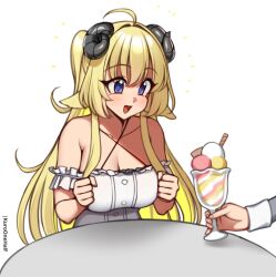 Rule 34 | 1boy, 1girl, ahoge, animal ears, blonde hair, blue eyes, blush, breasts, cinnamon stick, cleavage, collarbone, dress, food, grey jacket, holding, holding food, holding ice cream, hololive, horns, ice cream, jacket, kuroonehalf, large breasts, long hair, long sleeves, looking at food, looking down, open mouth, sheep ears, sheep girl, sheep horns, sitting, sleeveless, sleeveless dress, smile, sundae, table, tsunomaki watame, upper body, virtual youtuber, white background, white dress