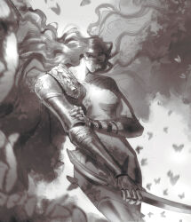 1girl amputee armor blurry breasts bug butterfly covering_crotch covering_privates cropped_legs depth_of_field elden_ring greyscale hair_over_eyes highres holding_own_arm insect killjo-q large_breasts long_hair malenia_blade_of_miquella malenia_goddess_of_rot monochrome muscular muscular_female no_nipples prosthesis prosthetic_leg shoulder_armor simple_background solo sword very_long_hair wavy_hair weapon wings