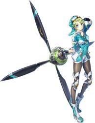 1girl arm_up artist_request bad_source black_gloves blue_boots blue_eyes boots breasts buttons full_body game_cg gloves goggles green_hair hair_ornament high_heels highres holding knee_pads long_sleeves official_art propeller seamew short_hair third-party_source transparent_background unitia watch zipper