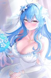 1girl absurdres ahoge blue_hair blush bouquet breasts bridal_veil cleavage dress earrings flower heart heart_ahoge highres holding holding_bouquet hololive jewelry large_breasts light_smile long_hair pointy_ears strapless strapless_dress veil virtual_youtuber waniwani_(wasabiwaniwani) wedding_dress yellow_eyes yukihana_lamy