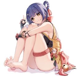 Rule 34 | 1girl, absurdres, armpit peek, bandaid, bandaid on knee, bandaid on leg, bare shoulders, barefoot, black gloves, blue hair, blush, braid, braided hair rings, breasts, china dress, chinese clothes, closed mouth, coin hair ornament, dress, feet, fingerless gloves, foot focus, full body, genshin impact, gloves, hair ornament, hair rings, hairclip, highres, hugging own legs, looking at viewer, medium breasts, sazanka, short hair, sideboob, simple background, smile, soles, solo, spread toes, thighs, toes, v, xiangling (genshin impact), yellow eyes