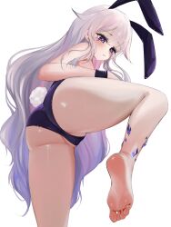 Rule 34 | 1girl, absurdres, animal ears, ass, ass focus, barefoot, closed mouth, fake animal ears, fake tail, feet, foot focus, from below, gem, grey hair, highres, hololive, hololive english, jewel under eye, koseki bijou, leg lift, leotard, long hair, material growth, partially visible vulva, playboy bunny, puponya, purple eyes, purple gemstone, purple leotard, rabbit ears, rabbit tail, simple background, soles, solo, tail, toes, virtual youtuber, white background, wrist cuffs