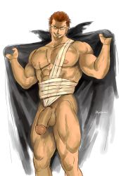 1boy abs bara erection fairy_tail gildarts_clive highres hydaria male_focus muscular pectorals penis scar solo tagme testicles uncensored undressing