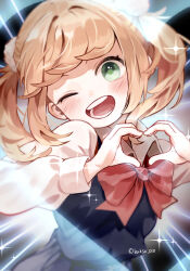 Rule 34 | 1girl, absurdres, baksa 030, blonde hair, blue dress, blush, bow, dress, green eyes, hair between eyes, hair ornament, heart, heart hands, highres, indie virtual youtuber, light rays, long sleeves, looking at viewer, one eye closed, open mouth, pom pom (clothes), pom pom hair ornament, red bow, shigure ui, shirt, shukusei!! loli-kami requiem, smile, sparkle, twintails, upper body, white shirt