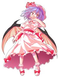 Rule 34 | 1girl, alphes (style), back bow, bat wings, bobby socks, bow, bow skirt, commentary request, dairi, footwear bow, frilled shirt, frilled skirt, frills, full body, hand up, hat, large variant set, long skirt, mob cap, parody, pink hat, pink shirt, pink skirt, pink slippers, puffy short sleeves, puffy sleeves, purple hair, red bow, red eyes, red ribbon, red sash, remilia scarlet, ribbon, sash, shirt, short hair, short sleeves, simple background, skirt, sleeve ribbon, slippers, socks, solo, standing, style parody, sweatdrop, tachi-e, touhou, transparent background, variant set, waist sash, wings