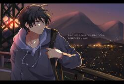 1boy bag black_hair blue_eyes cityscape clannad hood hoodie japanese_text looking_back mountain okazaki_tomoya sky solo sunset takumi_(scya) translation_request