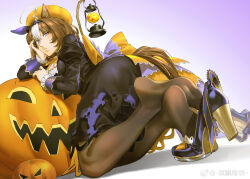 Rule 34 | 1girl, ahoge, animal ears, arm support, ass, back bow, black dress, black shoes, bow, breasts, brown hair, clothing cutout, commentary request, dress, ear covers, feet, frilled dress, frills, full body, gradient background, hair between eyes, hairband, hat, head rest, high heels, highres, horse ears, horse girl, horse tail, horseshoe, jack-o&#039;-lantern, juliet sleeves, kneeling, long sleeves, medium breasts, meisho doto (dot-o&#039;-lantern) (umamusume), meisho doto (umamusume), multicolored hair, official alternate costume, orange bow, orange hat, orange ribbon, puffy sleeves, pumpkin, purple hairband, ribbon, ruukii drift, shoes, short hair, single ear cover, soles, solo, streaked hair, tail, tail through clothes, torn clothes, torn dress, umamusume, watermark, weibo watermark, white hair