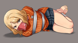 1girl arms_behind_back ashley_graham barefoot bdsm blonde_hair bondage bound bound_ankles bound_arms bound_torso brown_hair cloth_gag gag gagged highres improvised_gag legs looking_at_viewer lost_one_zero nail_polish cloth_gag resident_evil resident_evil_4 skirt tape tape_bondage toenail_polish toenails
