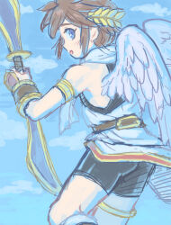 1boy angel angel_wings belt bike_shorts_under_skirt black_undershirt blue_eyes blue_sky brown_belt brown_hair feathered_wings gold_thighlet holding holding_sword holding_weapon jewelry kid_icarus kid_icarus_uprising laurel_crown looking_back male_focus nintendo nopepe open_mouth pit_(kid_icarus) short_hair shota sidelocks sky solo sword thighlet weapon white_wings wings
