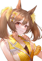 Rule 34 | 1girl, absurdres, animal ears, black shirt, blush, brown eyes, brown hair, choker, closed mouth, commentary request, double-parted bangs, frilled wrist cuffs, frills, hair between eyes, highres, horse ears, idol clothes, looking at viewer, shirt, simple background, sleeveless, smart falcon (twilight triumph) (umamusume), smart falcon (umamusume), smile, solo, twintails, umamusume, upper body, vest, white background, white choker, white eyes (20220506white), wrist cuffs, yellow vest