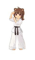 1girl ahoge animal_ears arm_up barefoot bear_ears bear_girl belt black_belt chinese_commentary clenched_hand commentary_request dougi full_body highres kuma-bound looking_at_viewer low_twintails martial_arts_belt original pants red_eyes short_twintails simple_background smile solo toes twintails white_background white_pants