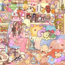 1990s_(style) 1girl artimaking artist_name avatar_legends bat_(animal) bed book bookshelf brown_hair bug butterfly character_request chikorita cleffa commentary computer_keyboard copyright_name drill_hair english_commentary fox_mask gen_1_pokemon gen_2_pokemon gen_4_pokemon glasses haku_(sen_to_chihiro_no_kamikakushi) headphones heart holding holding_phone howl_no_ugoku_shiro indoors insect kamado_tanjirou kaonashi kimetsu_no_yaiba korok korra kuromi lamp long_hair lucario luma_(mario) makar mario_(series) mask nightgown nintendo ogino_chihiro on_chair onegai_my_melody original phone pichu pig pikachu pillow plant pokemon poster_(object) potted_plant raichu retro_artstyle sanrio sen_to_chihiro_no_kamikakushi slowpoke sophie_(howl_no_ugoku_shiro) sparkle studio_ghibli stuffed_toy tengu_mask the_legend_of_korra the_legend_of_zelda wand