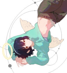 1girl alice_(raneblu) aqua_shirt arms_up black_hair bra bra_peek brown_hair brown_pants closed_mouth hairband halo long_sleeves looking_at_viewer midriff navel original own_hands_together pants raneblu shirt solo underwear upside-down white_bra wings