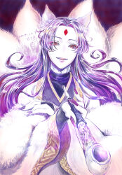 1boy :d animal_ears artist_name blurry blurry_background dated facial_mark forehead_mark foreshortening fox_ears fox_tail highres holding holding_smoking_pipe jinshi_(kusuriya_no_hitorigoto) kiseru kitsune kusuriya_no_hitorigoto kyuubi long_hair male_focus multiple_tails open_mouth pale_skin purple_hair purple_nails red_eyes smile smoking_pipe solo tail yoakedori914moz