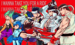 Rule 34 | 1girl, 6+boys, arm cannon, bare shoulders, black hair, black leotard, blonde hair, blue helmet, breasts, brown hair, capcom, captain commando, captain commando (character), character request, cleavage, copyright request, demon girl, demon wings, dougi, english text, green hair, group picture, head wings, helmet, highres, holding, holding sword, holding weapon, jacket, leotard, lyrics, marvel vs. capcom, marvel vs. capcom 2, morrigan aensland, multiple boys, ninja, nishi24 (hiroki nishi), purple tunic, red-tinted eyewear, red background, ryu (street fighter), simple background, street fighter, strider (video game), strider hiryuu, sword, tinted eyewear, tunic, weapon, white jacket, wings