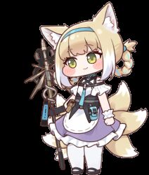 1girl animal_ears animated animated_gif arknights artist_request blue_hairband blush braid braided_hair_rings diyap_(style) dress fox_ears fox_girl fox_tail green_eyes hair_rings hairband highres holding holding_staff infection_monitor_(arknights) kitsune kyuubi multiple_tails open_mouth pantyhose purple_dress simple_background solo staff suzuran_(arknights) tail transparent_background twin_braids variant_set white_pantyhose