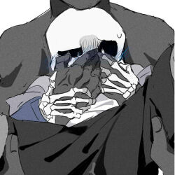 2boys asphyxiation black_shorts blue_jacket blush bright_pupils covering_another&#039;s_mouth grey_hood heichiyo holding_another&#039;s_legs hollow_eyes hood hood_down hooded_jacket interspecies jacket male_focus multiple_boys open_clothes open_jacket sans_(undertale) shirt shorts simple_background skeleton solo_focus spread_legs sweatdrop undertale white_background white_pupils white_shirt yaoi