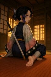 absurdres barefoot bug butterfly butterfly_hair_ornament feet hair_ornament haori highres insect japanese_clothes katana kimetsu_no_yaiba kochou_shinobu no_socks sitting soles sword toes weapon yokozuwari