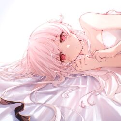 1girl arcaea bed_sheet blush breasts chinese_commentary closed_mouth commentary_request highres hikari_(arcaea) long_hair looking_at_viewer lying muonrei00 naked_sheet on_side red_eyes solo under_covers upper_body white_background white_hair