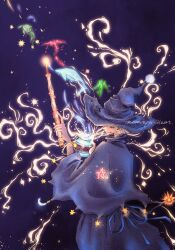 1girl bird blue_capelet blue_dress blue_hat bottle capelet closed_eyes closed_mouth dragon dress hat highres holding holding_bottle holding_wand inkwell magic momonpu_heart original procreate_(medium) short_hair smile solo star_(symbol) turtle wand watermark whale witch witch_hat