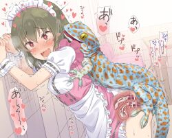 1girl against_wall bent_over bestiality blush breasts clothed_sex cum cum_in_ass cum_in_pussy drooling extra_penises gecko gekko_gecko heart heart-shaped_pupils highres idolmaster idolmaster_million_live! lizard loli looking_at_viewer maid maid_headdress nagayoshi_subaru neku_oneneko open_mouth pussy sex sex_from_behind small_breasts smile symbol-shaped_pupils thighhighs uterus x-ray