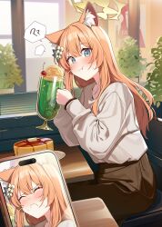 1girl :t ? ?? absurdres alternate_costume animal_ear_fluff animal_ears blue_archive blue_eyes blush brown_skirt cafe cat_ears cat_girl closed_eyes closed_mouth commentary_request cup food halo highres holding holding_cup holding_phone long_hair long_sleeves looking_at_viewer mari_(blue_archive) muo_(muojjang_0929) orange_hair pancake pancake_stack phone puffy_long_sleeves puffy_sleeves shirt skirt spoken_question_mark white_shirt yellow_halo