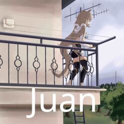 1girl absurdres animal_ears ass balcony belt bike_shorts bike_shorts_under_skirt biscotti_(vtuber) black_shorts breasts checkered_clothes checkered_skirt chest_strap cropped_hoodie facing_away fyretrck26 gloves highres hood hoodie horse_ears horse_girl juan_(meme) long_hair meme multicolored_hair multicolored_skirt orange_belt orange_gloves scene_reference scrunchie shorts shorts_under_skirt skirt solo streaked_hair tail thighhighs two-tone_gloves v4mirai virtual_youtuber white_hair white_hoodie white_scrunchie
