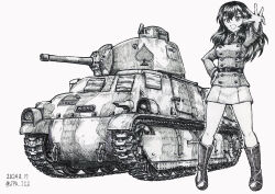 1girl boots collared_shirt commentary_request eclair_(girls_und_panzer) full_body girls_und_panzer girls_und_panzer_gekitou!_maginot-sen_desu!! graphite_(medium) hand_on_own_hip highres jacket long_hair maginot_military_uniform military_vehicle motor_vehicle necktie nspa_(spa-jcs) pencil_skirt reaching reaching_towards_viewer shirt sketch skirt somua_s35 spade_(shape) tank traditional_media