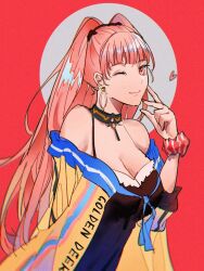 1girl black_choker breasts byleth_(fire_emblem) chocolate_(jitong) choker earrings fire_emblem highres hilda_valentine_goneril jewelry large_breasts long_hair nintendo pink_eyes pink_hair smile solo