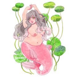 1girl arms_up breasts commentary english_commentary fat full_body gradient_hair green_eyes grey_hair lily_pad long_hair medium_breasts mermaid monster_girl multicolored_hair munrou navel nipples nude original parted_lips pink_hair pink_lips solo thick_arms
