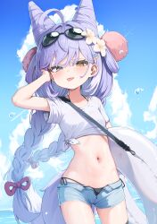 1girl :p absurdres ahoge arm_behind_head bikini bikini_under_clothes black_bikini blue_eyes blue_shorts blue_sky braid breasts closed_mouth commentary_request cowboy_shot eyewear_on_head flower fox_girl fox_tail hair_flower hair_horns hair_ornament hair_rings hairclip heterochromia highres innertube korean_commentary long_hair looking_at_viewer mannack midriff navel open_fly pom_pom_(clothes) pom_pom_hair_ornament purple_hair shirt short_shorts short_sleeves shorts side-tie_bikini_bottom sky small_breasts solo stellive sunglasses swim_ring swimsuit tail tenko_shibuki thigh_strap tied_shirt tongue tongue_out twin_braids very_long_hair virtual_youtuber white_flower white_shirt yellow_eyes yellow_pupils