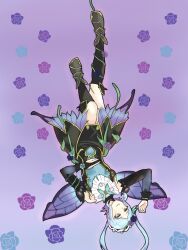 Rule 34 | 1girl, black dress, blue hair, breasts, closed mouth, detached sleeves, dress, fire emblem, fire emblem fates, fire emblem heroes, flora (fire emblem), flora (resplendent) (fire emblem), flower, full body, grey eyes, hair flower, hair ornament, long sleeves, nintendo, official alternate costume, plant, small breasts, smile, solo, twintails, upside-down, vines, xoxo kuol