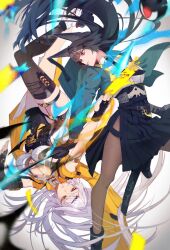 2girls ahoge animal_ear_fluff animal_ears aqua_jacket asymmetrical_gloves black_gloves black_hair black_necktie black_pantyhose black_skirt black_thighhighs black_unitard blunt_bangs collared_shirt elbow_gloves eyeball fingerless_gloves floating_hair fox_ears fox_girl gloves hair_ornament high-waist_skirt highres holding holding_ofuda holding_sword holding_weapon hoshimi_miyabi jacket katana long_hair multiple_girls necktie pantyhose red_eyes shirt single_elbow_glove single_hair_intake single_thighhigh skirt smile sword tailless_(zenless_zone_zero) thighhighs weapon white_hair white_shirt yellow_eyes yellow_jacket yin_yang_pin yixuan_(zenless_zone_zero) zenless_zone_zero zunda_kaku