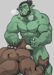 2boys abs bara beard breath brown_fur colored_skin completely_nude cow_horns facial_hair feet_out_of_frame fellatio full_beard furry furry_male furry_with_non-furry green_skin highres horn_grab horns interspecies irrumatio large_pectorals male_focus mature_male minotaur multiple_boys muscular muscular_male nipples nose_piercing nose_ring nude oral orc original pectorals piercing pointy_ears short_hair sweat thick_beard thick_eyebrows thick_neck tusks veiny_neck yaoi zoyu_(wuedti)