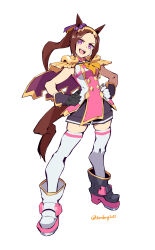 1girl :d animal_ears asymmetrical_gloves black_gloves brown_hair commentary_request epaulettes full_body gloves highres horse_ears horse_girl horse_tail long_hair mismatched_gloves open_mouth pink_eyes sakura_bakushin_o_(umamusume) simple_background smile solo standing tail tenkey2022 thighhighs umamusume white_background white_gloves white_thighhighs