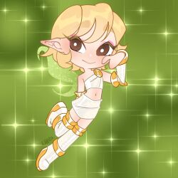 1girl arm_behind_back asymmetrical_shirt bare_shoulders blonde_hair boots bracelet bright_pupils brown_eyes chibi closed_mouth colored_eyelashes commentary crop_top english_commentary eyeshadow fairy fairy_wings glitter gold_anklet gold_armlet gold_bracelet green_background green_wings hand_on_own_cheek hand_on_own_face happy highres jewelry leg_up light_blush looking_at_viewer magical_girl makeup midriff miniskirt navel original pink_eyeshadow pointy_ears raised_eyebrows shirt short_hair signature single_strap skirt skirt_set sleeveless sleeveless_shirt smile solo sparkle swept_bangs thick_eyebrows thigh_boots white_arm_warmers white_boots white_pupils white_shirt white_skirt wikate wings winx_club
