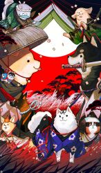 Rule 34 | :p, animal, animal focus, bead necklace, beads, bernese mountain dog, black coat, blue kimono, charm (object), chin strap, closed eyes, closed mouth, coat, commentary request, daikaku (fate), dog, dousetsu (fate), endo (takolegs), fate/grand order, fate (series), fish, genpachi (fate), glasses, golden retriever, green kimono, headband, husky, japanese clothes, japanese spitz, jewelry, kai ken, katana, keno (fate), kimono, kobungo (fate), magatama, mouth hold, multiple dogs, necklace, no humans, official art, pince-nez, red background, rope, running, sandogasa, servant summer festival! 2023, shiba inu, shimenawa, shinbei (dog) (fate), shino (fate), sousuke (fate), standing, sword, third-party source, tongue, tongue out, weapon, welsh corgi, white headband, white kimono