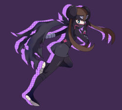 Rule 34 | 1girl, alternate costume, asatsuki (fgfff), black boots, black cape, black gloves, black headband, blue eyes, boots, bright pupils, brown hair, bun cover, cape, commentary request, from side, full body, gloves, grey skirt, hand up, headband, highres, leg up, long hair, looking to the side, mask, mouth mask, ninja, nintendo, pokemon, pokemon bw2, purple background, rosa (pokemon), skirt, solo, torn cape, torn clothes, twintails, white pupils