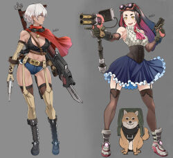 2girls breasts butcha-u gun highres large_breasts long_hair multiple_girls shiba_inu short_hair weapon