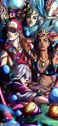 4boys absurdres baseball_cap bikini black_bikini blonde_hair blue_bodysuit blue_lips bodysuit braid breasts dark-skinned_male dark_skin dragona_joestar dreadlocks flower food grey_hair hair_flower hair_ornament hat highres holding holding_food jodio_joestar jojo_no_kimyou_na_bouken long_hair male_focus male_with_breasts messy_hair multiple_boys noonvincent november_rain_(stand) paco_laburantes short_sleeves single_braid smooth_operators stand_(jojo) star_(symbol) swimsuit the_jojolands trap usagi_aloha&#039;oe
