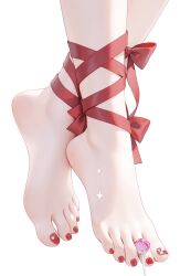 1girl absurdres barefoot candy feet food foot_focus ggll highres leg_ribbon lollipop original out_of_frame red_background red_nails red_ribbon ribbon simple_background soles solo toes
